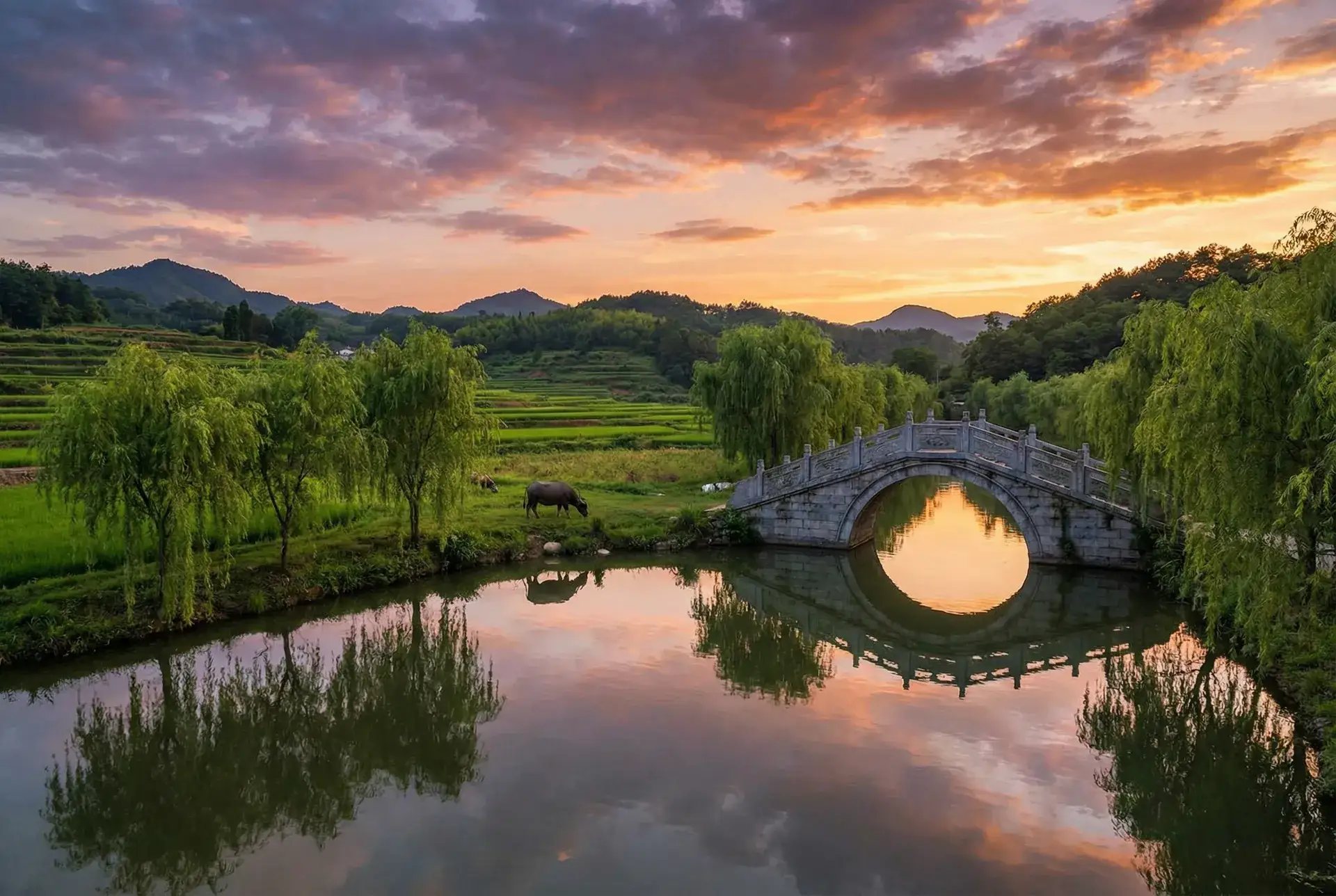 夕阳下的石拱桥与垂柳，水牛在河边吃草 - 卡戴珊完整版 快播 乡村美景